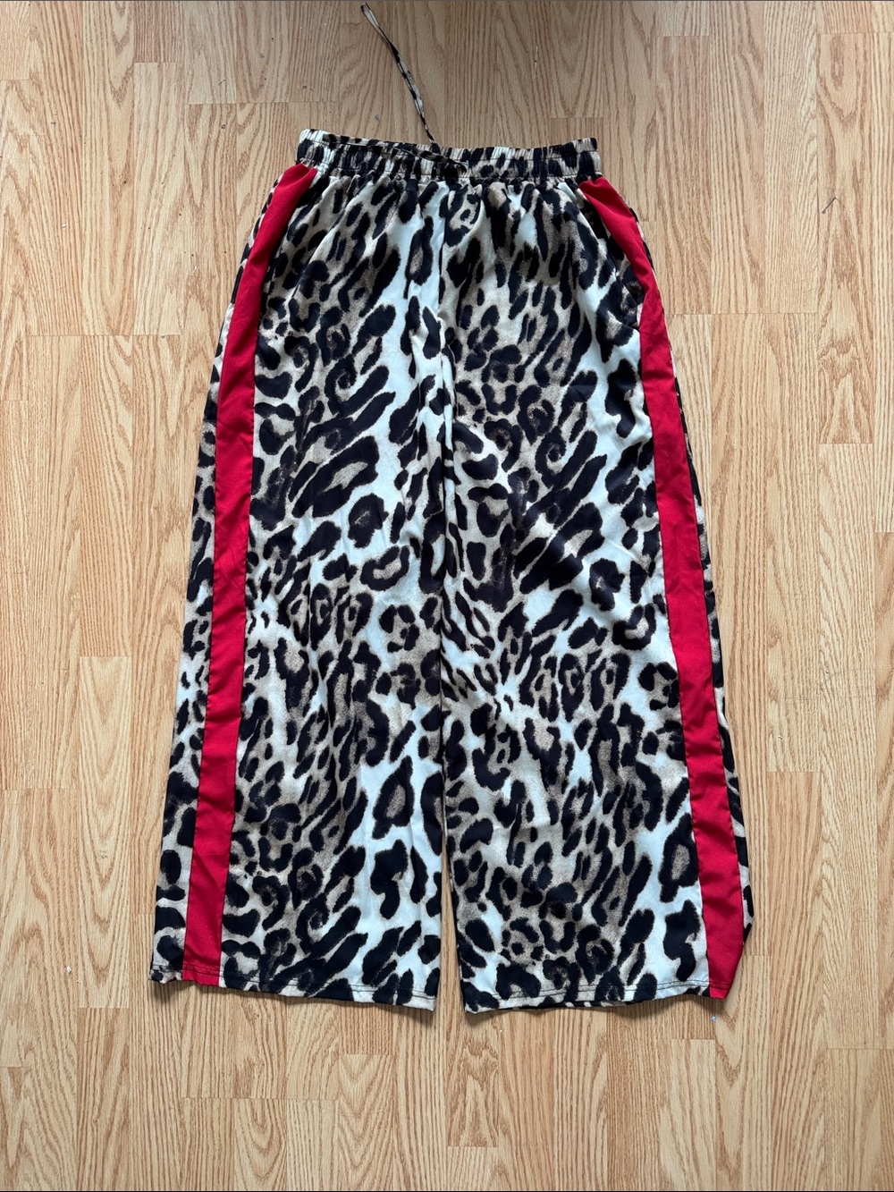 Leopard Print Kids Track Pants with Red Side Stripe